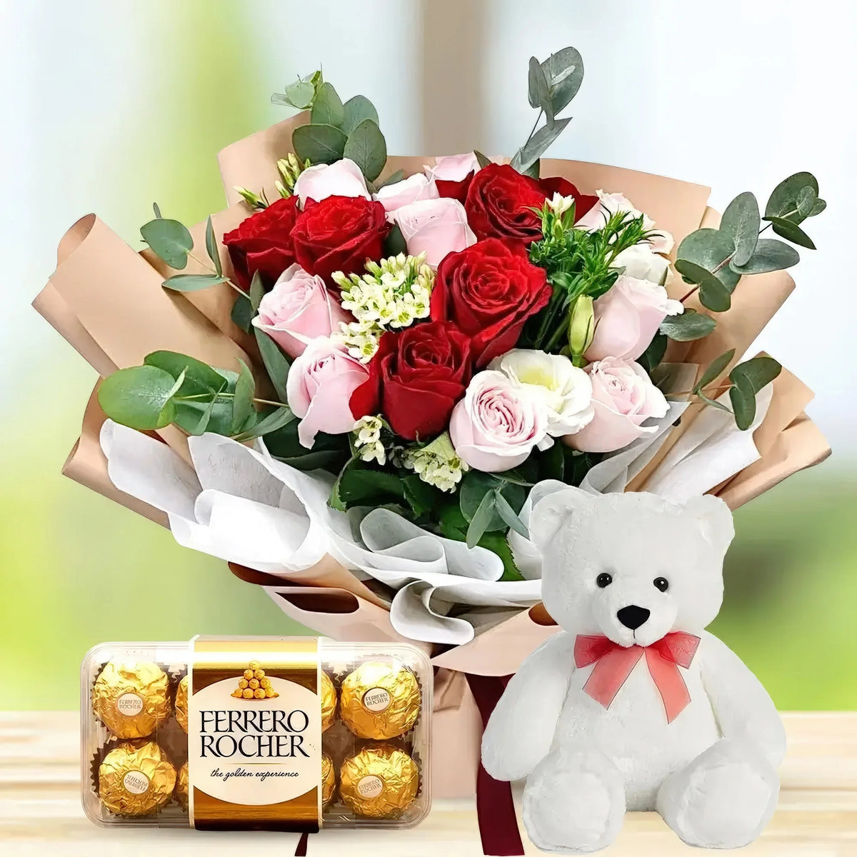 Red and Pink Roses + Chocolates + Teddy / Mixed Rose Bouquet with Tedd ...