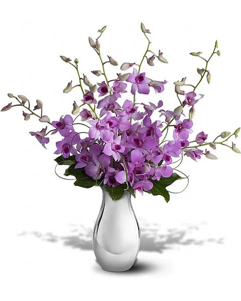 Light Purple Orchids in Curved White Vase