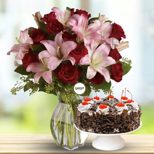 Bloom red roses lilies with black forest cake / 10 Bloom Red Roses & Lilies with Black Forest Cake