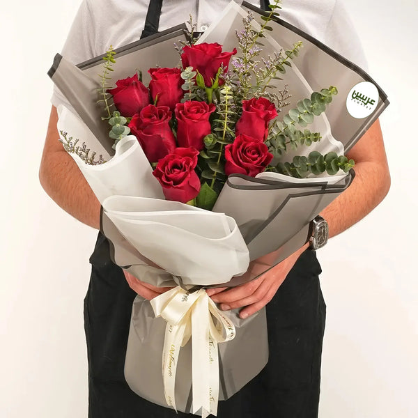 10 Blooms Red Rose Bouquet with Eucalyptus Charm