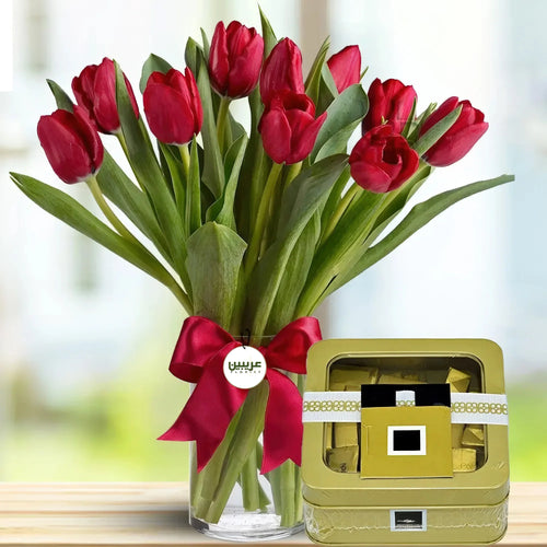 Red Tulips in Vase with Luxury Chocolate Box