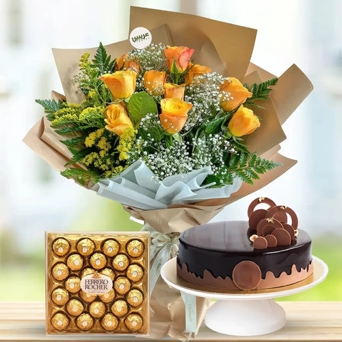 12 Orange Roses With Cake & Chocolates