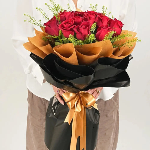 15 Stems Red Roses Bouquet With Green Fillers & Ribbon