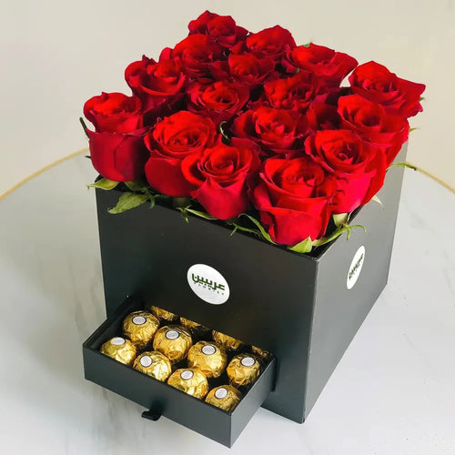 16 Red Roses Flowers & Ferrero Rocher in Box
