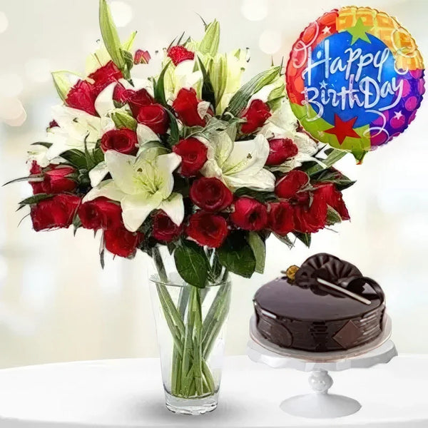 25 Blooms Of Red Roses & White Lilies With Cake & Balloons