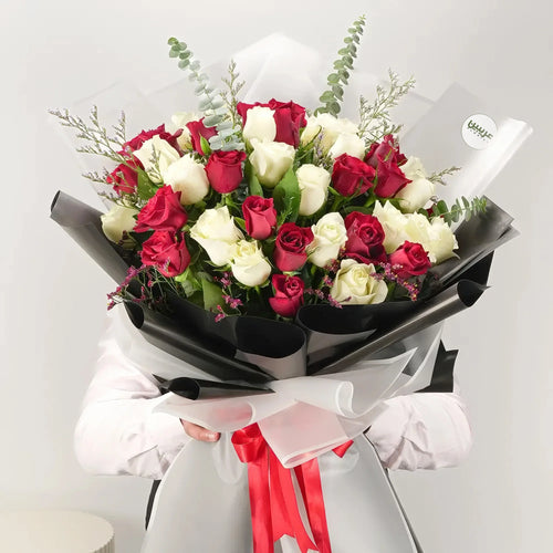 30 Stem Elegant White & Red Roses Bouquet