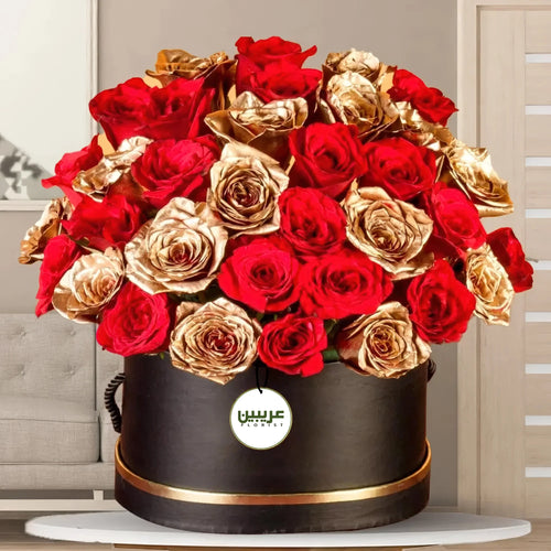 35 Red & Gold Roses in Round Black Box