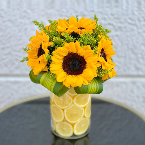 Bright Sunflowers & Lemon Vase Arrangement
