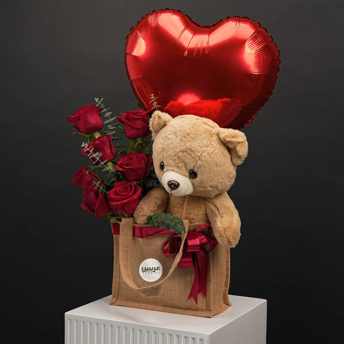 Teddy Bear with Red Roses and Heart Balloon Gift Bag