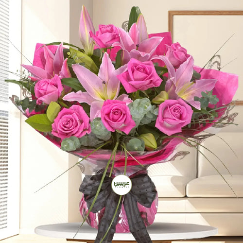 Bouquet of 10 Pink Blooms, Lilies & Roses in Elegant Wrap