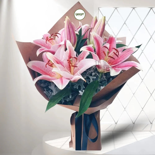 Bouquet of 3 Pink Lilies with Lush Foliage