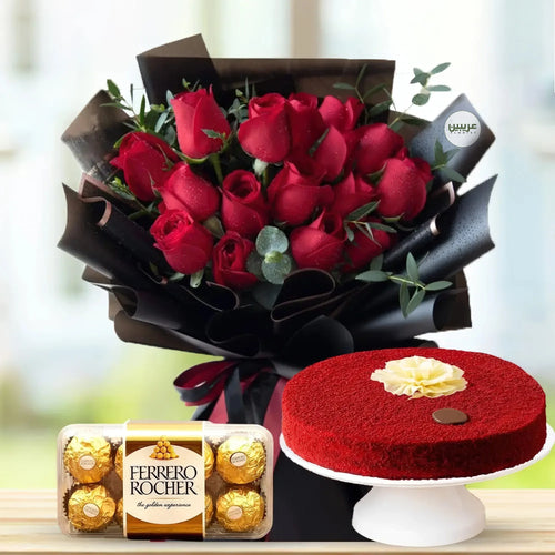 Red Roses with Red Velvet Cake and Ferrero Gift Combo