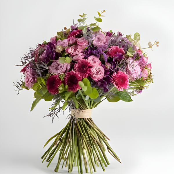 Bouquet of pink and purple flowers with green leaves on a white background