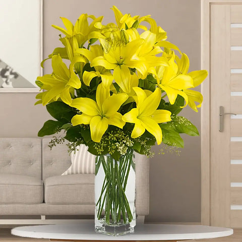 Vase with 5 Stems of Yellow Lilies