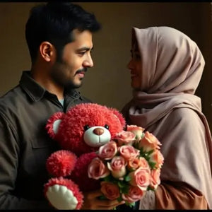 Valentine Day banner in which a boy is gifting a teddy and a rose bouqet to a girl