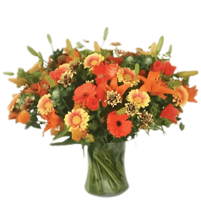 Vase with 10 Orange Lilies , 10 Orange Gerberas , 10 Yellow Gerberas & Crysanthimums