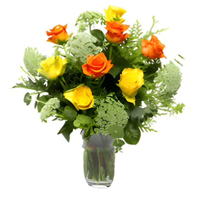 Vase with 10 Stems of Orange & Yellow Roses with Lady Lace