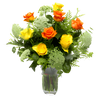 Vase with 10 Stems of Orange & Yellow Roses with Lady Lace