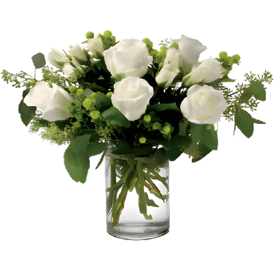 Vase with 10 Stems of White Roses & greens