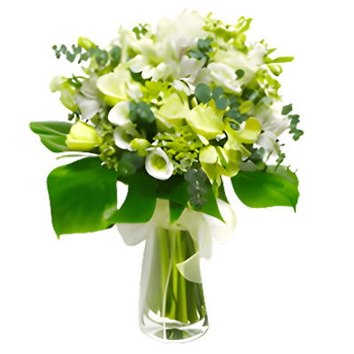 Vase with 10 White Calla Lilies 10 White Roses & 5 White Chrysanthemums