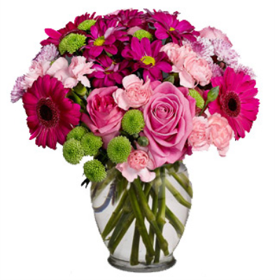 Vase with 6 Pink Roses , 6 Pink Carnations & 6 pink Gerberas