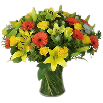 Vase with Yellow Roses , Orange Gerberas & Yellow Lilies