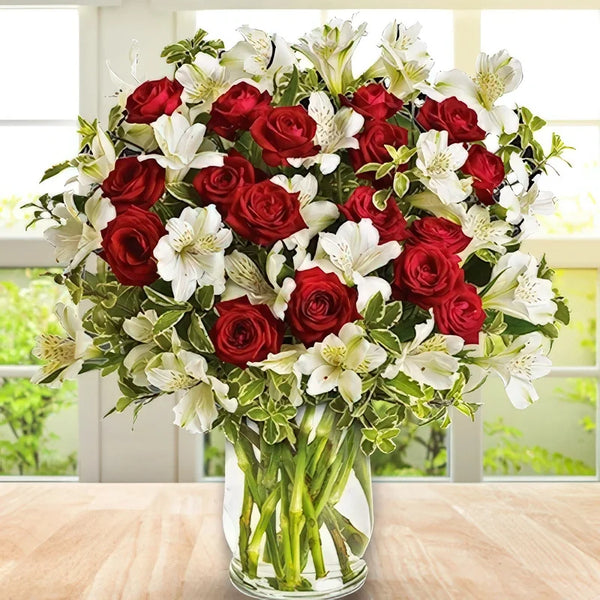 Vase of 20 Red Roses & 10 White Alstroemeria