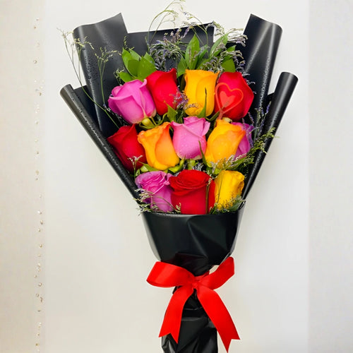 Multicolor Rose Bouquet (Black Wrap)