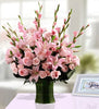 Vase with 5 Pink Lilies , 10 Pink Gladioli , 10 Pink Roses & 10 Pink Carnations